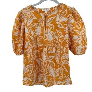 Panama Jack Womens Orange Linen Tropical Palm Print Short Sleeve Blouse Small